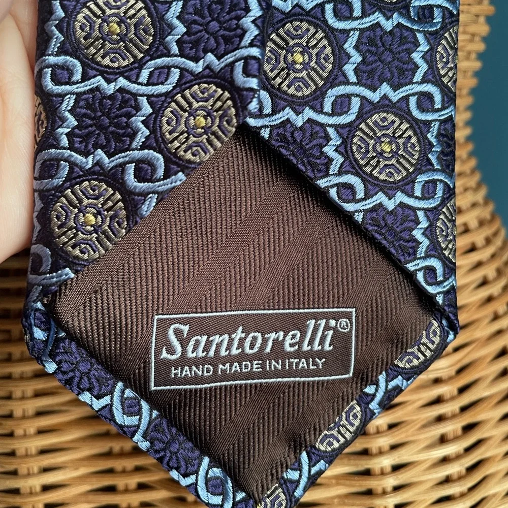 Santorelli Men’s Silk Tie. Made in Italy. Dark & Light Blue with Gold